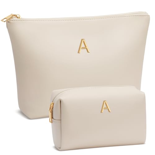 Women Gifts | Initial Makeup Bag Set for Girl Personalized Gifts for Bridesmaid Friend Graduation Teachers PU Leather Cosmetic Travel Toiletry Bag(Beige,A)