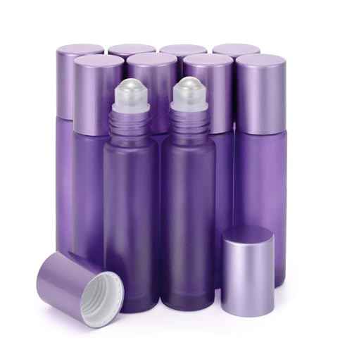 Kesell 10-Pack 10ml Glass Roller Bottles for Essential Oils - Travel- (3.34x0.78inch), Stainless Steel Roll-On Balls, Leak-Proof Caps - Refillable Perfume, Aromatherapy Bottles