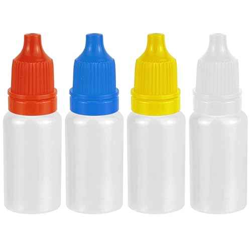 4 Pack Eye Dropper Bottles, 10 ML Plastic Travel Squeezable Empty Dropper Bottles with Caps and Plug (White,Red,Blue,Yellow)