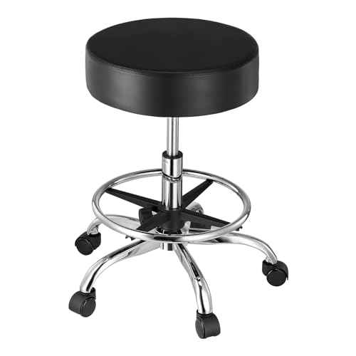 VEVOR Rolling Stool with Foot Rest and Wheels, 450 LBS Weight Capacity Round Rolling Stool Chair, Height Adjustable Thickened PU Leather Swivel Stool for Salon, Spa, Massage, Tattoo, Clinic, Black
