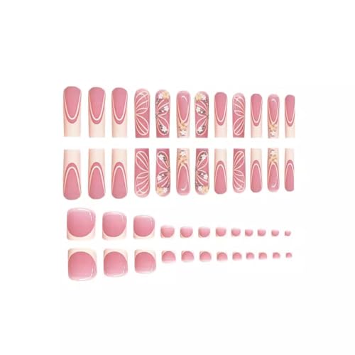 48pcs Long Coffin Press on Nails and Toes Matching Set French Tip Fake Fingers Toe Nail Tips Press ons Rhinestones Butterfly Flower Glue on Toe Nails Square Summer False Toe Nails for Women