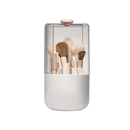 EACHY Makeup Brush Holder 360¡Æ Rotating with Dustproof Lid, Waterproof Material, 7 Compartments for Organized Storage, Stylish and Durable Design for Vanity (White)