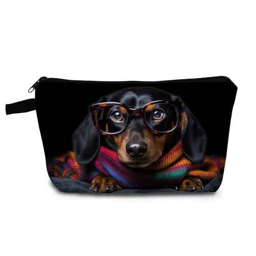 Funny Dog Puppy Present Funny Dachshund Makeup Bag Cute Small Organizer Bag with Zipper Glasses Dachshund Cosmetic Bag Birthday Presents for Dachshund Lovers Dog Mom Women Friends