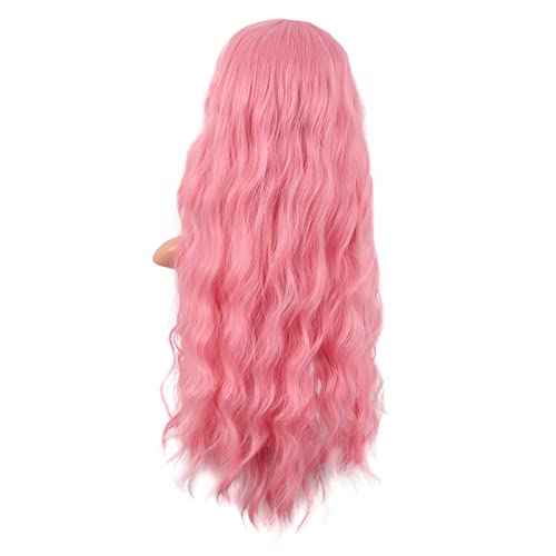 MapofBeauty 28 Inch/70 cm Long Wavy Middle Part with No Bangs Synthetic Fiber Curly Fashion Women Party Cosplay Wig (Light Pink)