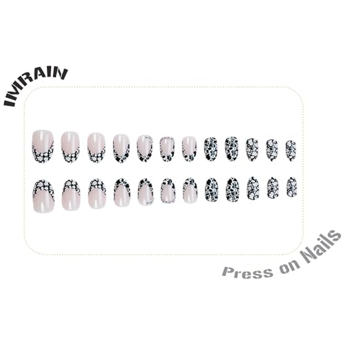 IMRAIN Press on Nails Short Oval Fake Nails with Cow Pattern & Rhinestone Designs Glossy Glue on Nails Extra Short Round Full Cover Black White Stick on False Nails for Women Girls 24Pcs