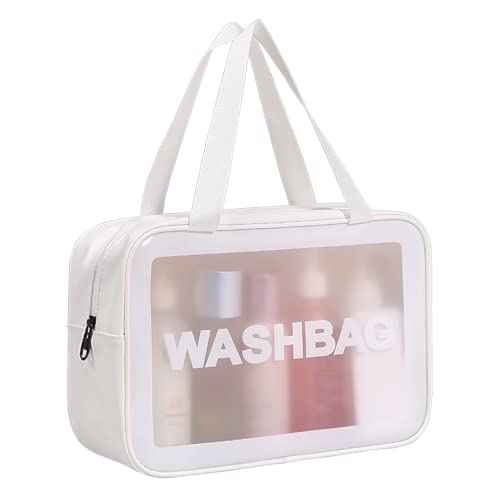 Travel Toiletry Bag for Women and Men, Matte Translucent Toiletry Bag with Handy Handle, Makeup Cosmetic Organizer Bag for Travel Toiletries Accessories (White)