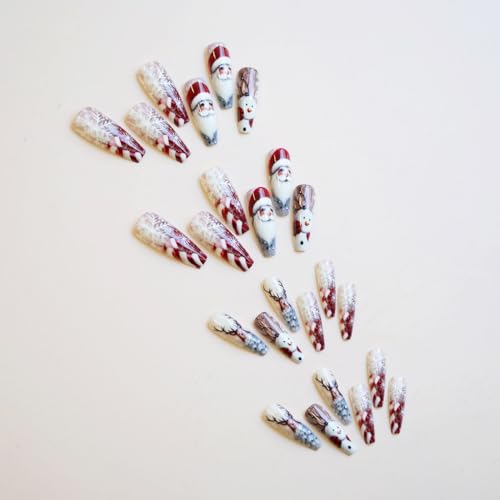 Long Coffin Christmas Press on Nail Long Xmas Fake Nails with Snowflake Santa Claus Deer Candy Cane designs Acrylic False Nails Glossy Red White Press ones for Women Girls Holiday Glue on Nails 24pcs