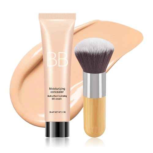 BB Cream Skin Tinted Foundation Makeup,Concealer Full Coverage Lightweight Matte Foundation with Brush,Evens Skin Tone,Oil Control Cover Flaws,Natural Finish for All Skin Types,Vegan - Natural Beige
