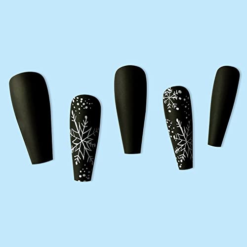 24 Pcs Snowflake Press on Nails Long Black White Christmas Fake Nails Glossy White Snow Glue on Nails Full Cover Coffin Shaped Long Christmas False Nails for Women Manicure Decorations
