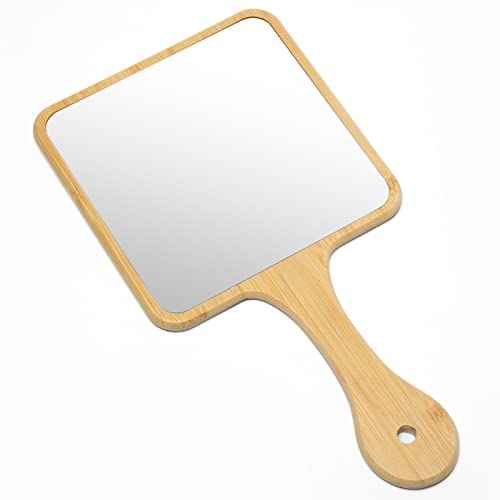 Handheld Mirror,Natural Bamboo Hand Mirror with Handle,Cute Hand held Mirror for Shaving Single-Sided Portable Travel Vanity Mirror for Men & Women,6.3" W x 11.8" L