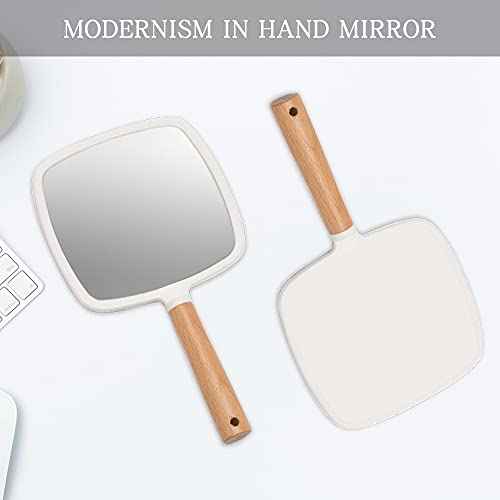 YEAKE Hand Held Mirror with Handle for Makeup,Small Cute Wood Hand Mirror for Shaving with Hole Hanging Single-Sided Portable Travel Vanity Mirror for Men&Women(Square)