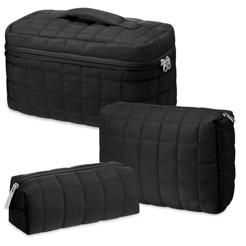 3 Pcs Large Puffy Makeup Bag Set Quilted Cosmetic Pouch for Women Cute Checkered Travel Toiletry Bag Puffer Makeup Organizer Purse Pouch Preppy Pencil Case with Zipper(Black)