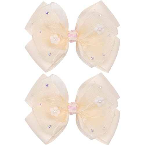 KISZU 4.5 Inch Flower Hair Bow Clips, Organza Bows with Pearls Big Hair Accessories for Baby Girls Kids Children Teens and Women (Yellow)