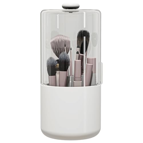 Makeup Brush Holder with Dustproof Cover, Clear 360 Rotating Make Up Brushes Organizer for Counter Vanity Bathroom, White