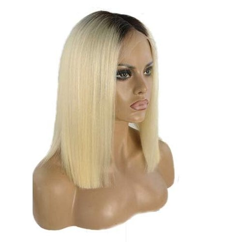 SUNFA Ombre Blonde Human Hair Bob Wigs 180% Density #1B/613 13x4 HD Transparent Glueless Wig Lace Front Bob Wigs Blunt Cut Pre-plucked Hairline Bleached Knots Wig 10Inch