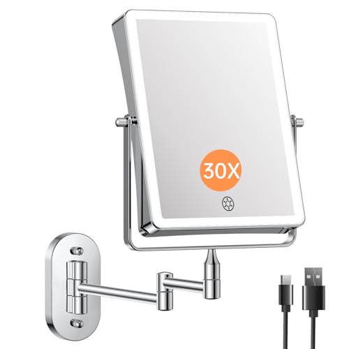 FASCINATE 5000mAh Rechargeable Wall Mounted Makeup Mirror, 8.7" Double Sided Touch Switch 1X/30X Rectangle Wall Mounted Magnifying Mirror with Light, 3 Color Setting, Extended Arm 360¡Æ Swivel Foldable