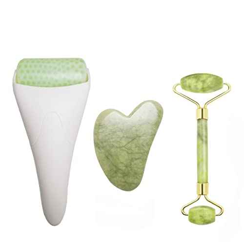 3 in 1 Ficial Face Ice Jade Roller and Gua Sha Tool, Natural Real Jade Anti-Wrinkle Face Eye Neck Massager Tool, Reduce Wrinkles, Puffiness, Migraine, Redness, Pain and Injury