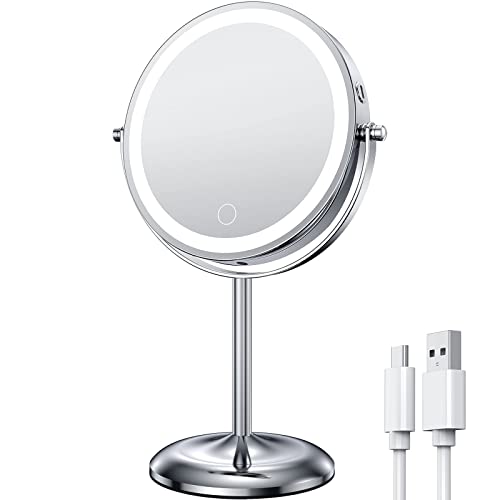 Gospire 7" Lighted Makeup Mirror with Magnification 10X/1X, Rechargeable Cordless Stepless Dimming LED Lights, 360¡Æ Swivel Magnifying Cosmetic Vanity Standing Mirror for Dresser, Bathroom