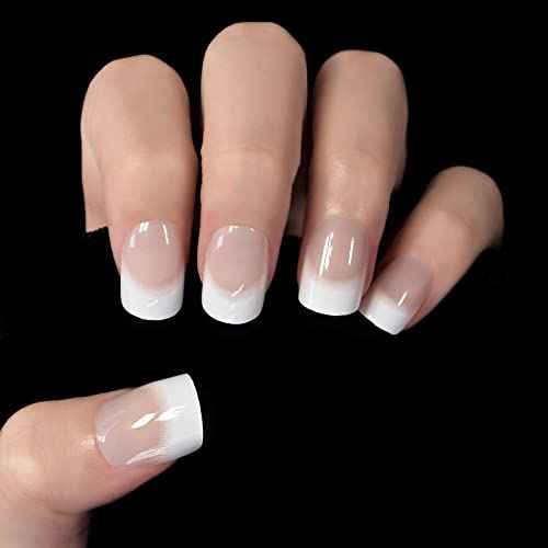 Short French Nail Tips Fake Nails Art Round Glossy Classy Nail Tips Press On Nails Charms With 24pcs Adhesive Tabs Mini Files Woody Stick For Women Girls Gift