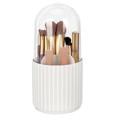 JessLab Makeup Brush Holder Organizer with Lid, 360 Degree Rotatable Makeup Brush Organizer Spinning Cosmetics Holders Brush Storage Box Display for Bathroom Vanity Countertop, White
