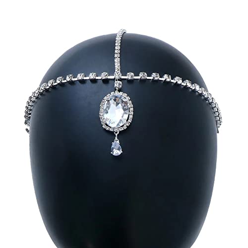 Missgrace Bridal Women Simple Shining Rhinestone Waterdrop Head Chain Headband Headpiece Boho Tassel Forehead Wedding Prom Praty Halloween Hair Chain Accessories for Women Girls (Silver)