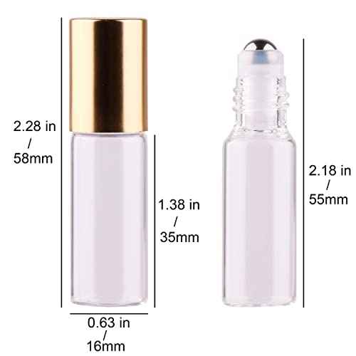 MaxMau Pack of 100,5ml Clear Glass Roll on Bottle Essential Oil Roller Bottles with Stainless Steel Roller Balls and Golden Painted Lids for Daily Aromatherapy Sample Test Travel