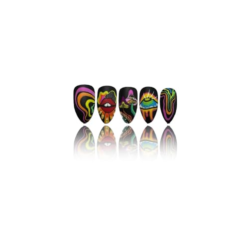 Almond Press on Nails Medium Length Black Fake Nails Matte Stick on Nails Full Cover False Nails with Colorful Graffiti Abstraction Lips Design Acrylic Nails Evil Eye Mushroom Glue on Nails for Women