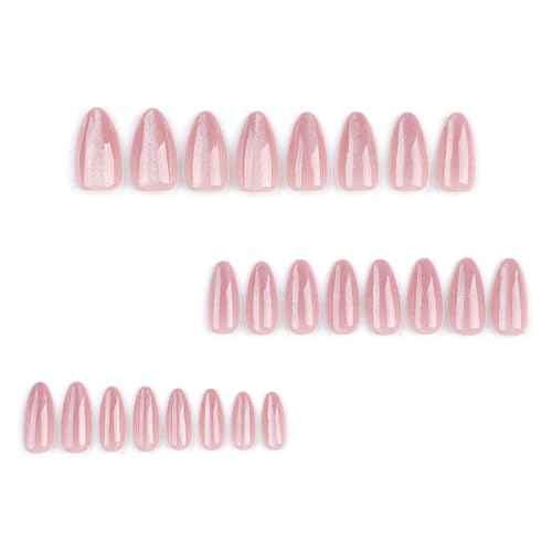24 Pcs Cat's Eye Press on Nails Short Almond - YEFIUO Rose Pink Nail Tips Acrylic Nail Kit Short Nail Art Cute Fake Nails Press ons French Tip Glue on Nails Full Cover Glitter False Nails for Women