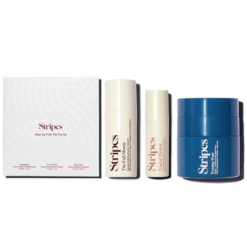 STRIPES Beauty Naomi Watts Glow Up The Toe Up Holiday Gift Set Full Size Night Cream With Gentle Retinoid Travel Size Moisturizing Body Oil Soothing Gel Intimate Area Dryness