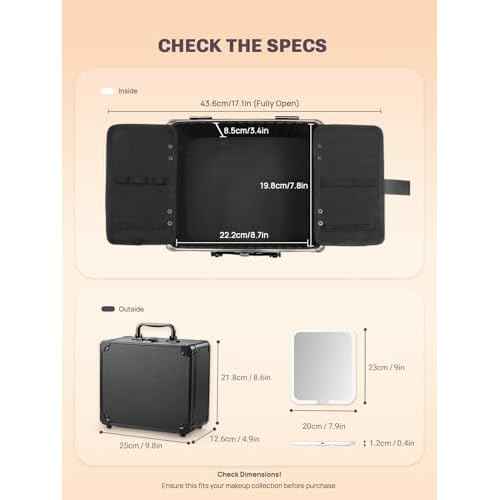 Qislee Makeup Box with A Detachable Lighted Mirror, Waterproof Travel Train Case, Cosmetic Organizer and Makeup Suitcase with Adjustable Dividers, Magnetic LED Mirror (Black)