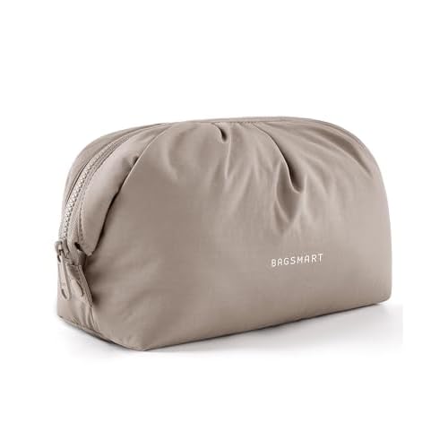 BAGSMART Makeup Bag Travel Makeup Bag, Cute Make Up Bag, Large Capacity Cosmetic Bags for Women, Wide-open Makeup Pouch Travel Essentials Toiletries Accessories Brushes (Camel)