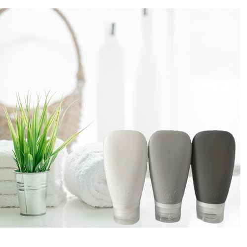 Travel Bottles for Toiletries, TSA Approved 3oz (90ml) Leak Proof Silicone Refillable Squeeze Travel Size Containers BPA Free for Cleansers, Lotions, Shampoo 3-pk (Black-Gray-White)