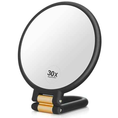 1x 30x Magnifying Travel Mirror, Hand Mirror with Handle - Double Side Hand Held Mirror with 1x30x Magnification & Foldable Handle, Portable Travel Makeup Hand Mirror for Women (Black)