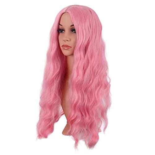 MapofBeauty 28 Inch/70 cm Long Wavy Middle Part with No Bangs Synthetic Fiber Curly Fashion Women Party Cosplay Wig (Light Pink)