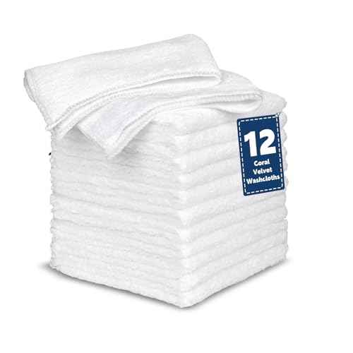 Coral Velvet White Washcloths 12 Pack, Highly Absorbent and Soft White Face Towels, Multi-Purpose Washcloths and Hand Towels for Bathroom, Hotel, Spa and Gym, 12 x 12 inches