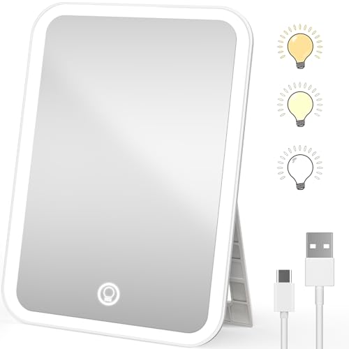 360¡Æ Rotating LED Makeup Mirror Rechargeable Travel Vanity Mirror with Lights Dimmable 3 Color LED and Brightness Portable Mirror for Desk Lighted Compact Travel Mirror with Touch Screen