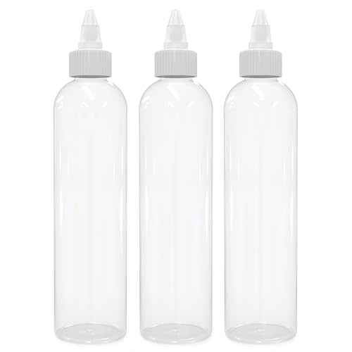 BRIGHTFROM Twist Top Applicator Bottles, 8 OZ Crystal Clear, Squeeze Empty Plastic Bottles, BPA-Free, PET, Refillable, Open/Close Nozzle - Multi Purpose (Pack of 3)