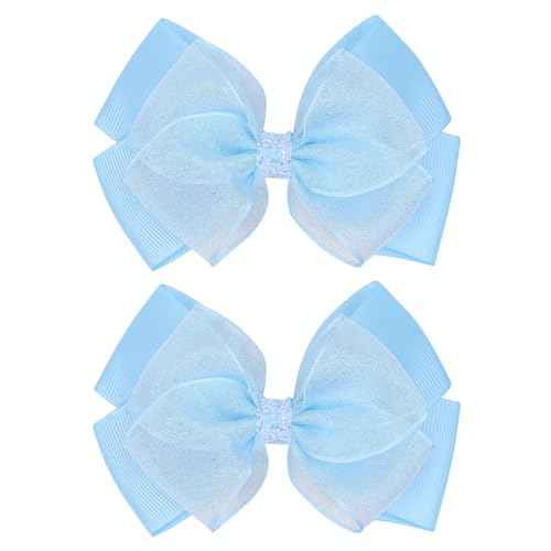 Glitter 4.5-Inch Hair Bows Organza Alligator Clips, Sequin Delicate Double Silver Thread Woven Mesh Hair Accessories for Girls, Toddler, Kids and Women Birthday Wedding - Set of 2 (Light Blue)