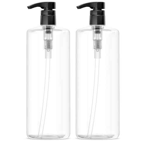 Bar5F Empty Shampoo Bottles with Pumps (2-Pack 32oz/1Liter/Large) BPA-Free PETE1 Plastic Bottle Crystal-Clear