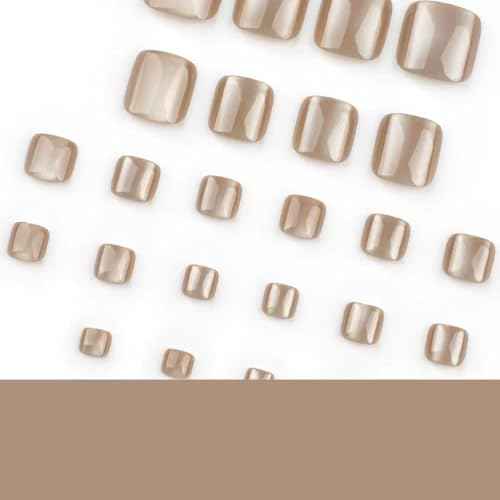 Cat Eyes Press on Toenails Short Toe Nail Press ons Square Fake Toe Nails Brown Acrylic Toenails Glossy False Toenails Daily Wear Natural Stick on Toenails for women 24Pcs