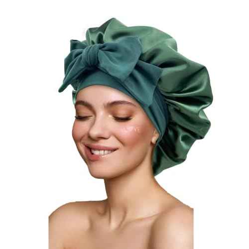 Satin Silk Hair Bonnet for Sleeping - Large Bonnets With Tie Band, Adjustable Straps, Night Sleep Cap for Women With Curly Braid Hair - Hunter Green