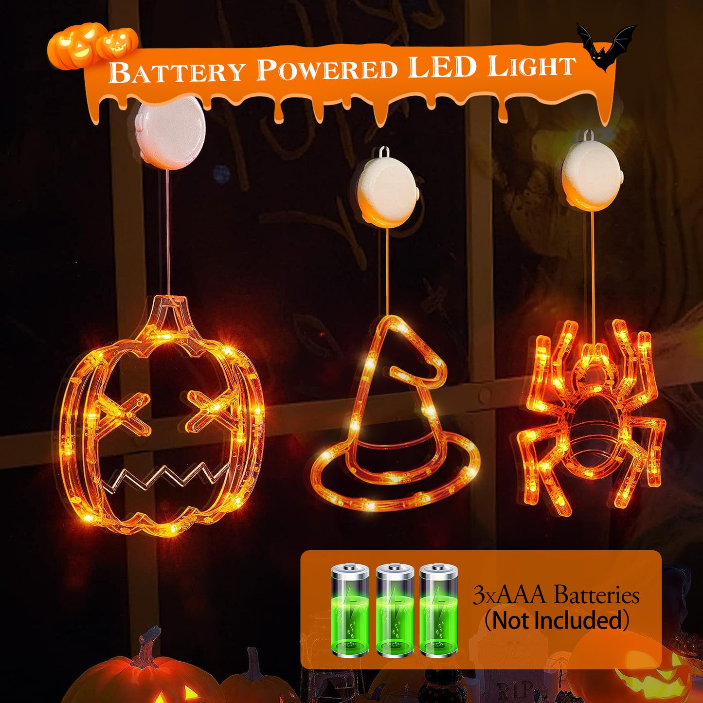 Halloween Window Light Decoration Set - 3 Pack with Spider, Witch Hat & Pumpkin