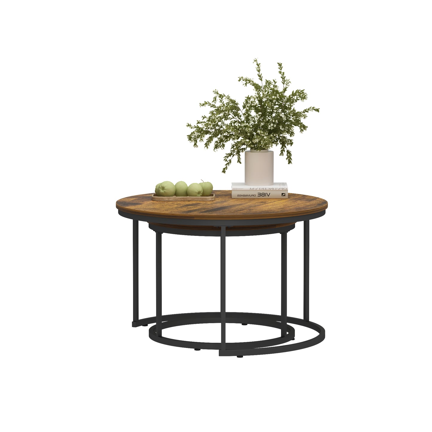 Nesting Coffee Table Set of 2 - Round Wood & Metal, Rustic Brown