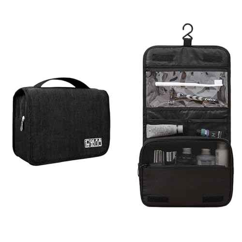 L&FY Hanging Travel Toiletry Bag Women's Cosmetic Organizer Makeup Pouch Men's Shaving Kits With Handle (Denim Black)