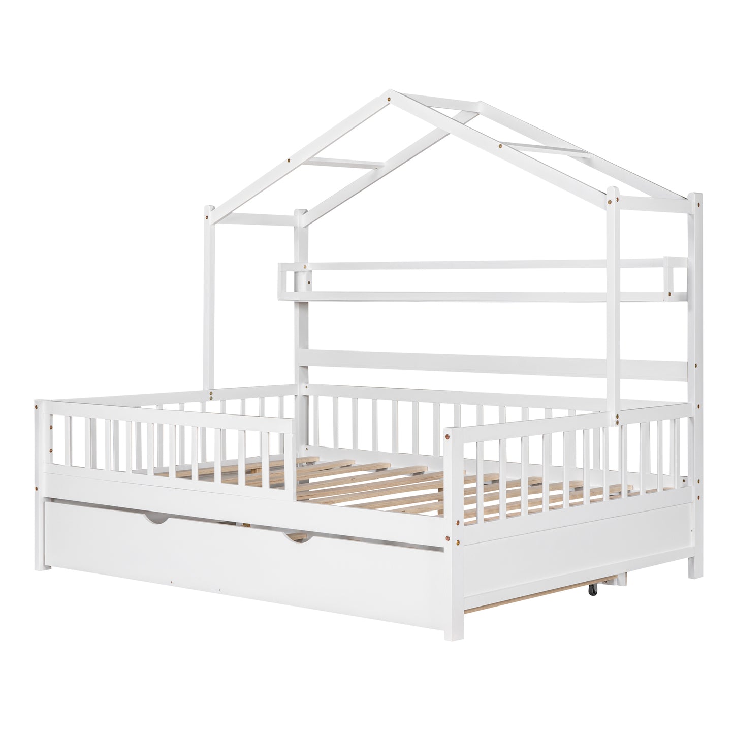 Wooden Full Size House Bed With Twin Trundle,Kids Shelf, White Old