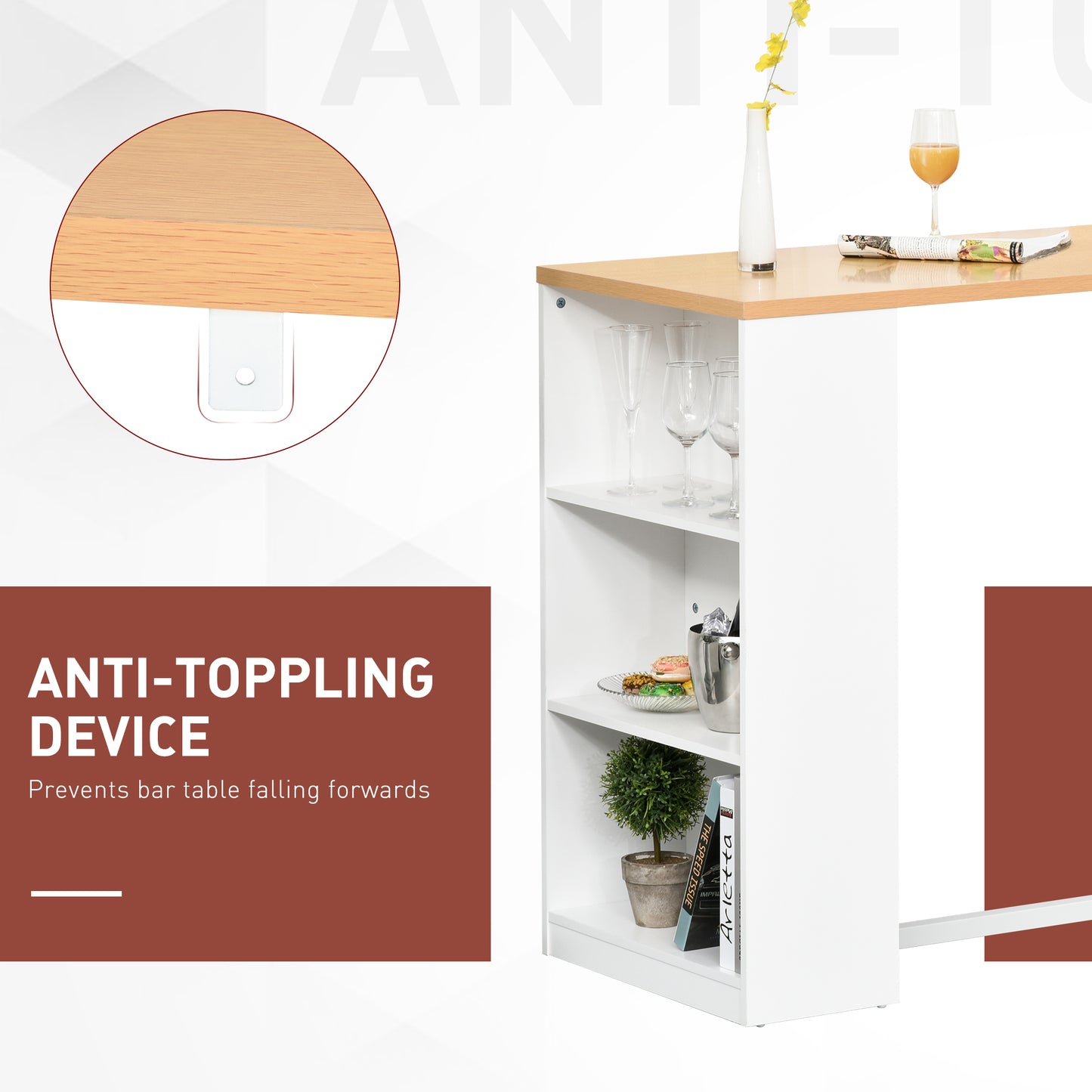 Modern Bar Table with 3 Storage Shelves - White Kitchen Dining Table