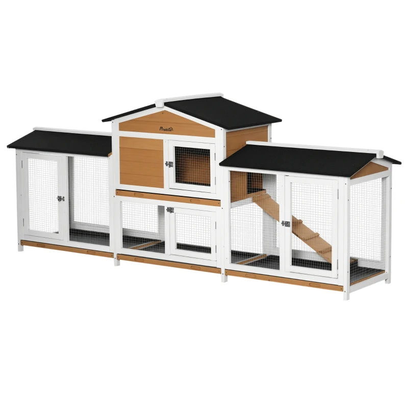 Wooden Pet Hutch with Double Run Boxes - Outdoor Bunny, Guinea Pig, Small Animal Cage, White