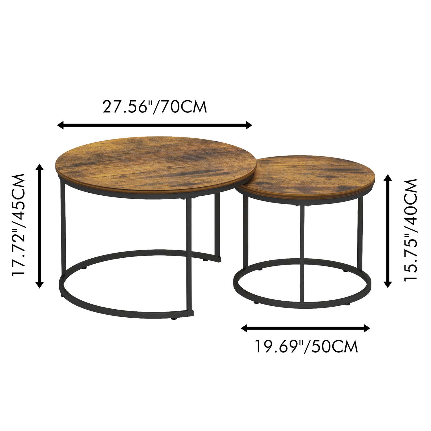 Nesting Coffee Table Set of 2 - Round Wood & Metal, Rustic Brown