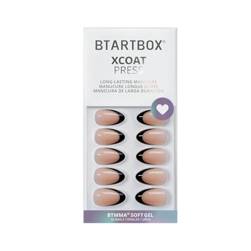 BTArtbox French Tip Press On Nails Almond - Black Press on Nails Short, Glue On Nails for Women Gift, Supremely Fit Natural Reusable Stick On Nails in 16 Sizes - 32 Fake Nails Kit, Black French