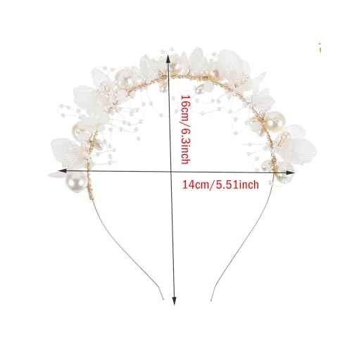 Flower Headband for Women Girls, Wedding Bridal Pearl Headpiece Hairband Hair Accessories for Prom Birthday Party (Gold, One Size)